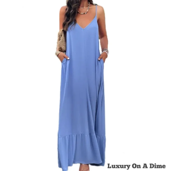 Oversized Pocket Casual Sleeveless V-Neck Low Back Long Summer Maxi Dress Blue - Picture 11 of 16